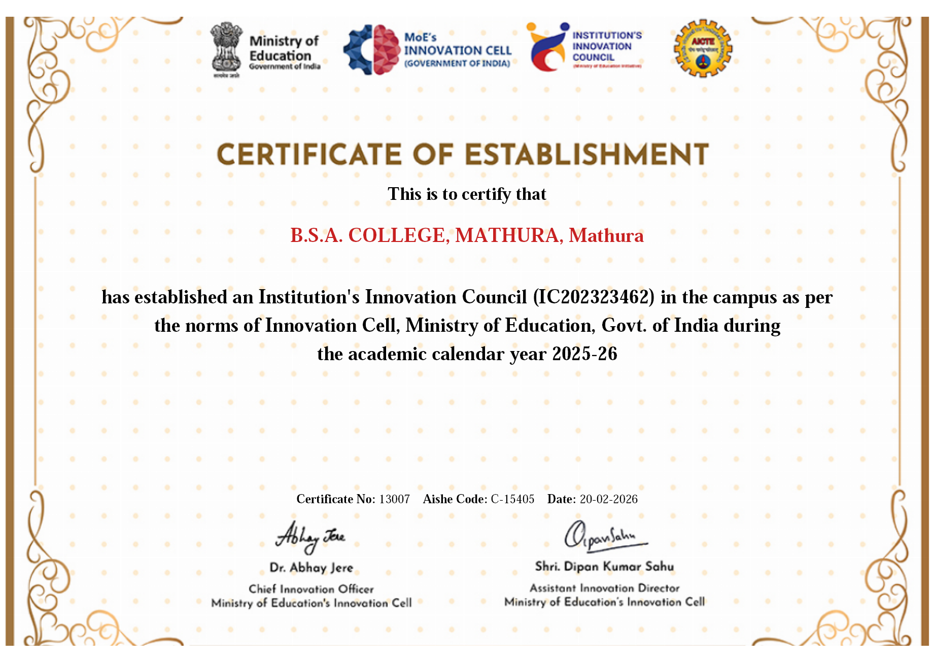 Institution Innovation Council Certificate